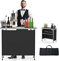 VINGLI Portable Foldable Bar Table with 2-Tier Shelves & Black Skirt - 39"L x 34"H Mobile Bar for Parties, Camping, Events