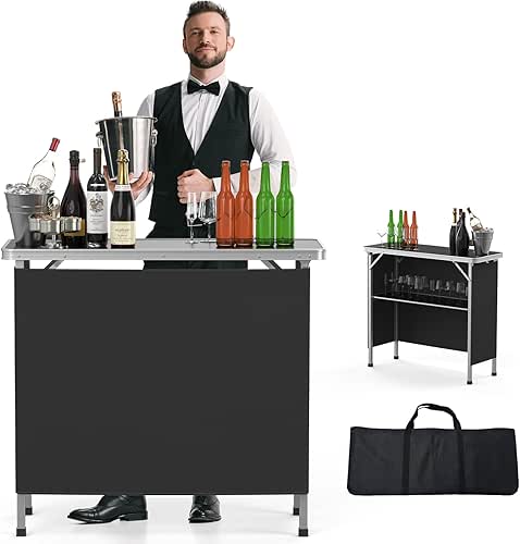 VINGLI Portable Bar Table, 2-Tier Shelves, Mobile Bar Table for