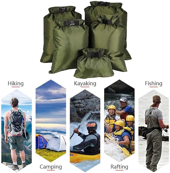 KAHEIGN 5 Pezzi Borse Asciutti Impermeabili,1,5L /2,5L /3,5L /4,5L /6L Sacchi Asciutti Leggeri Borsa Impermeabile Portatile Per Escursionismo All'aperto Pesca Campeggio Uso (Verde) - 5