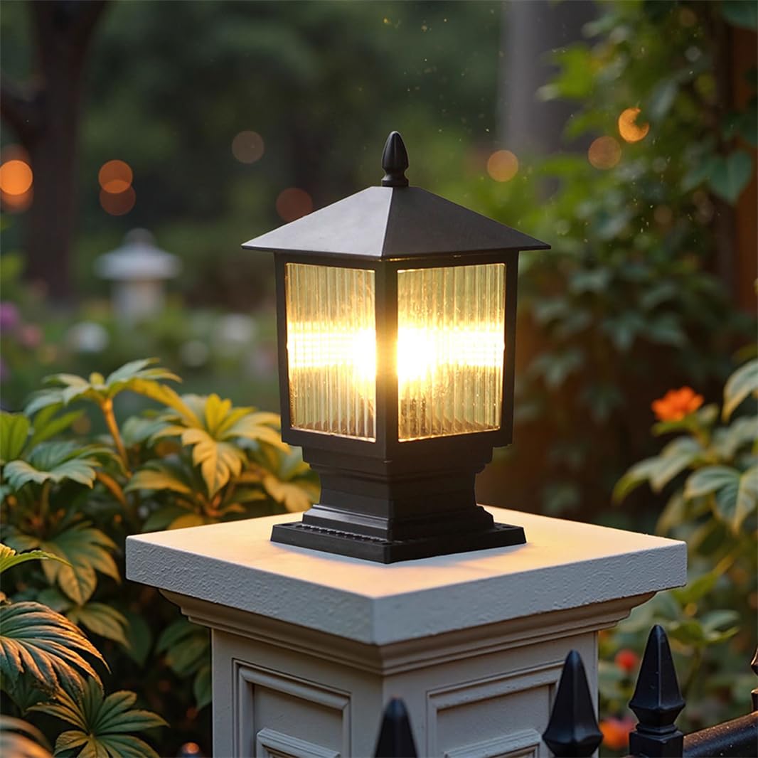 HCIPJQY Antique Black Column Cap Lamp Glass Fence Post Lights Japanese Style Walkway Landscape Lighting Exterior Pillar Post Light to Decorate Fence, Deck,Garden, Patio E26