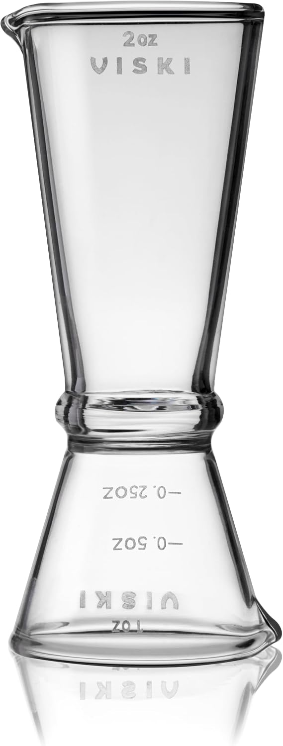 Viski Glass Makoto Jigger, Hand Blown Borosilicate Glass Cocktail Measuring Jigger, 2 oz / 1 oz with 0.25 oz and 0.5 oz Markings, Clear Double Jigger for Home Bar