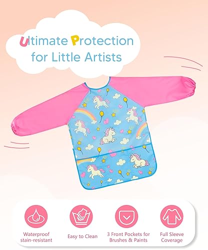 Miniatura 2 de Oiomniv Delantal de pintura para niños, impermeable, de manga larga, con 3 bolsillos, bata lavable para niños de 3 a 8 años
