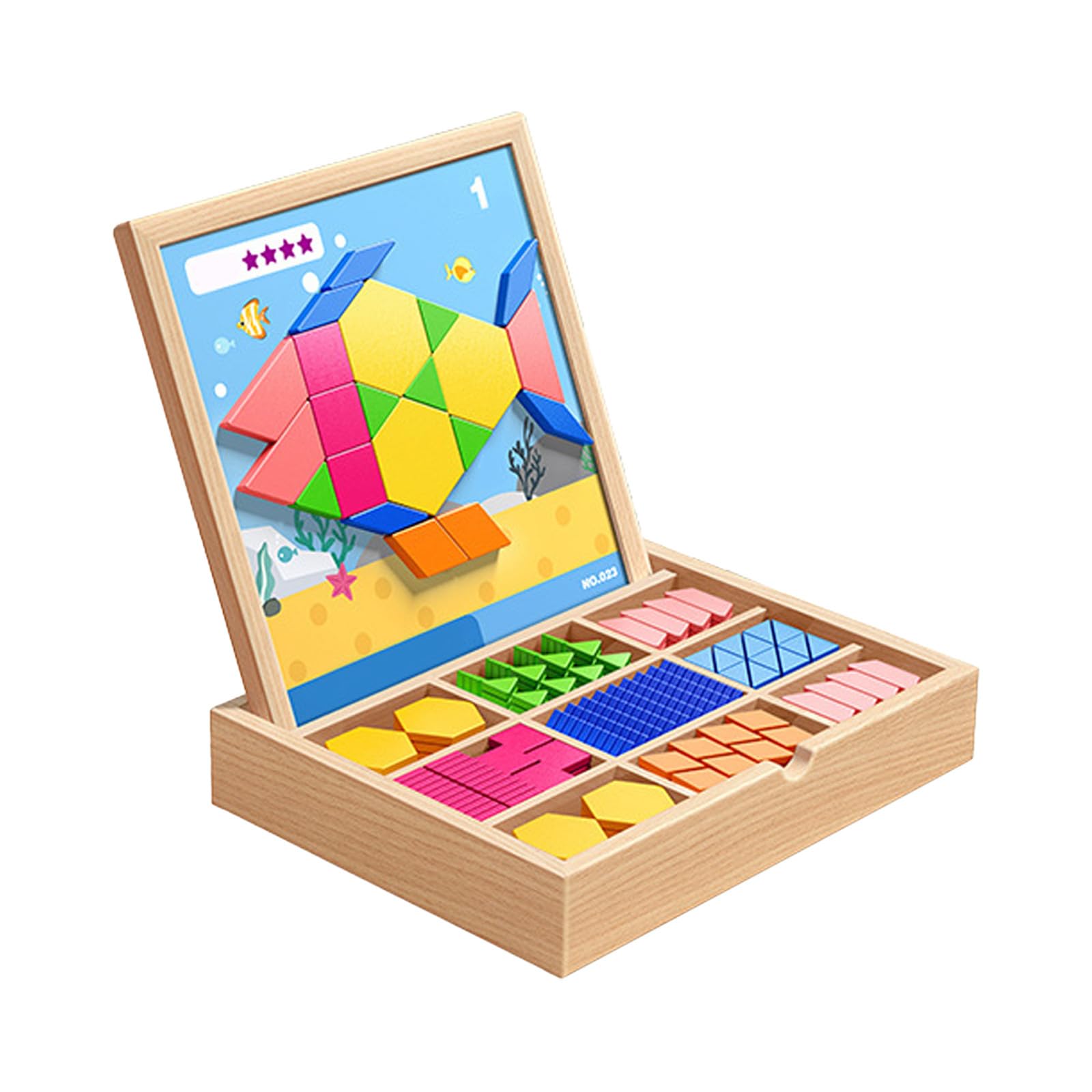 Wooden Pattern Puzzle Tangram Puzzle With Pattern Cards Wooden Stacking Puzzles Early Math Geometric Learning (Yellow, 23x23cm)