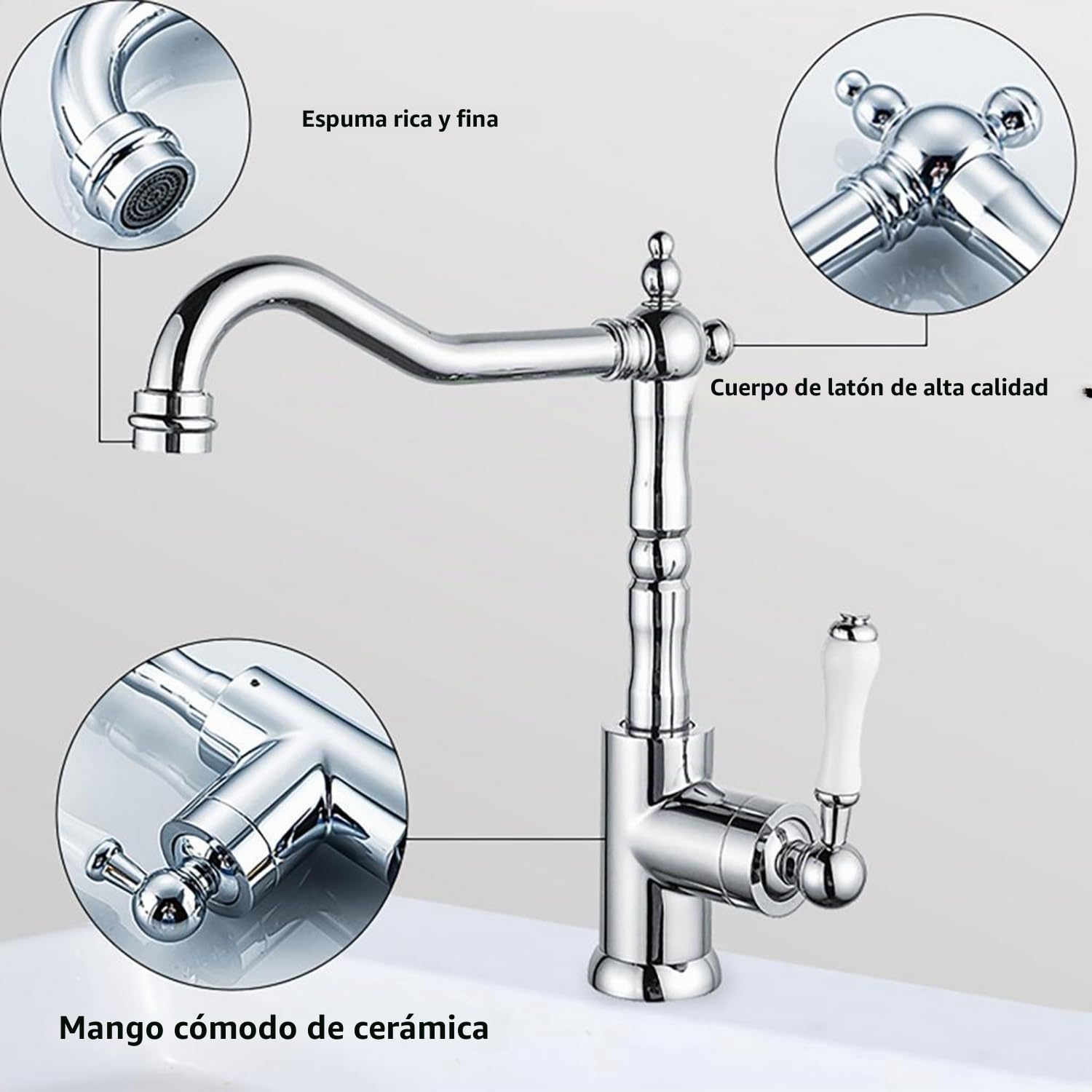 Grifo de cocina antiguo, mezclador de latón, grifo de lavabo, baño, giratorio 360°, mezclador frío y caliente (cromado)