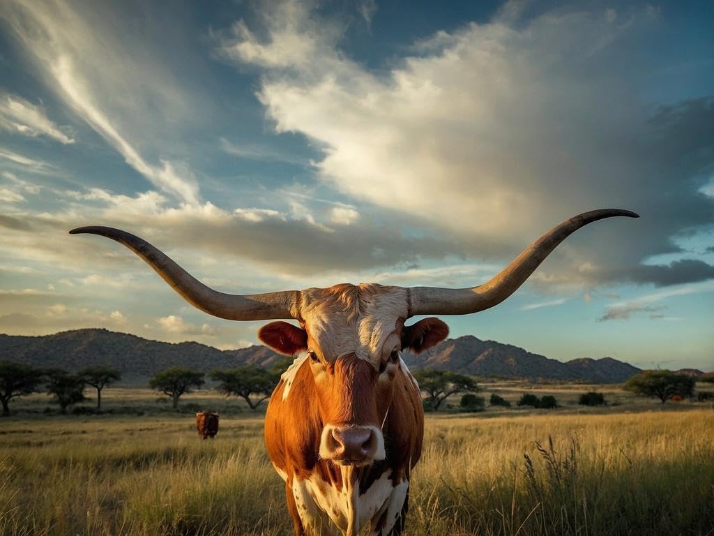 Texas Longhorn Bull Standing in Pasture Close Up Photo Photograph Cool Wall Art Print Poster 36x24