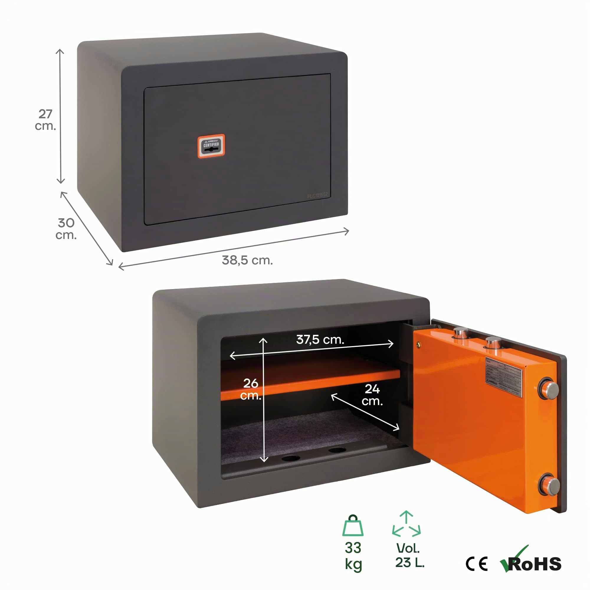 ARREGUI Plus C Caja fuerte de acero con llave | Caja de seguridad con apertura certificada de llave | Caja para casa y negocio, fácil de usar, alto nivel de seguridad (23 L - 27 x 38,5 x 30 cm)