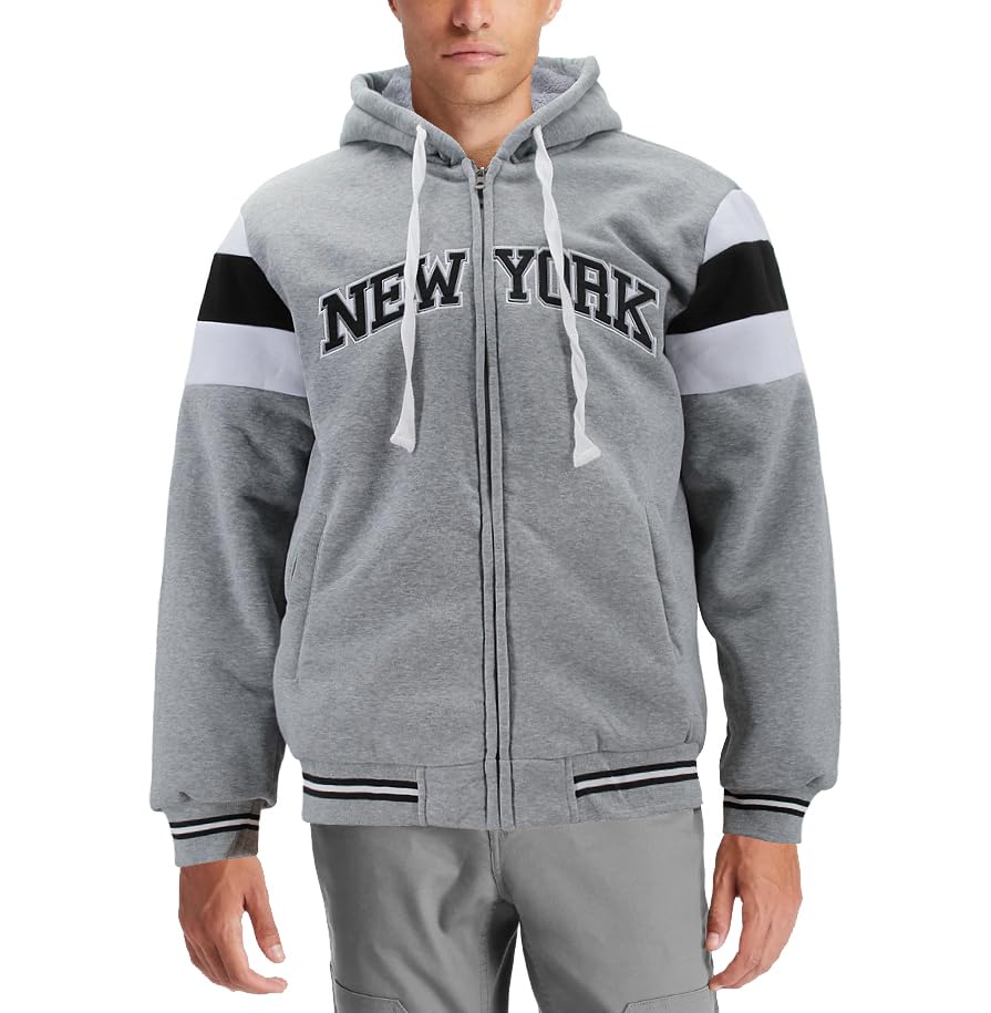 vkwear Men's Athletic New York Varsity Sherpa Fleece Lined NYC Zip Up Hoodie Jacket