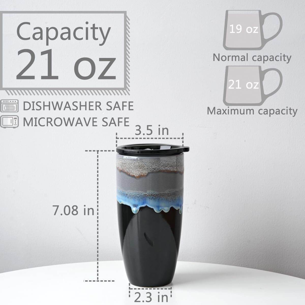 Bosmarlin Ceramic Travel Coffee Mug with Lid, 21 oz, Portable Coffee Cup for Car Cup Holder, Microwave and Dishwasher Safe, Reactive Glaze - Image 2