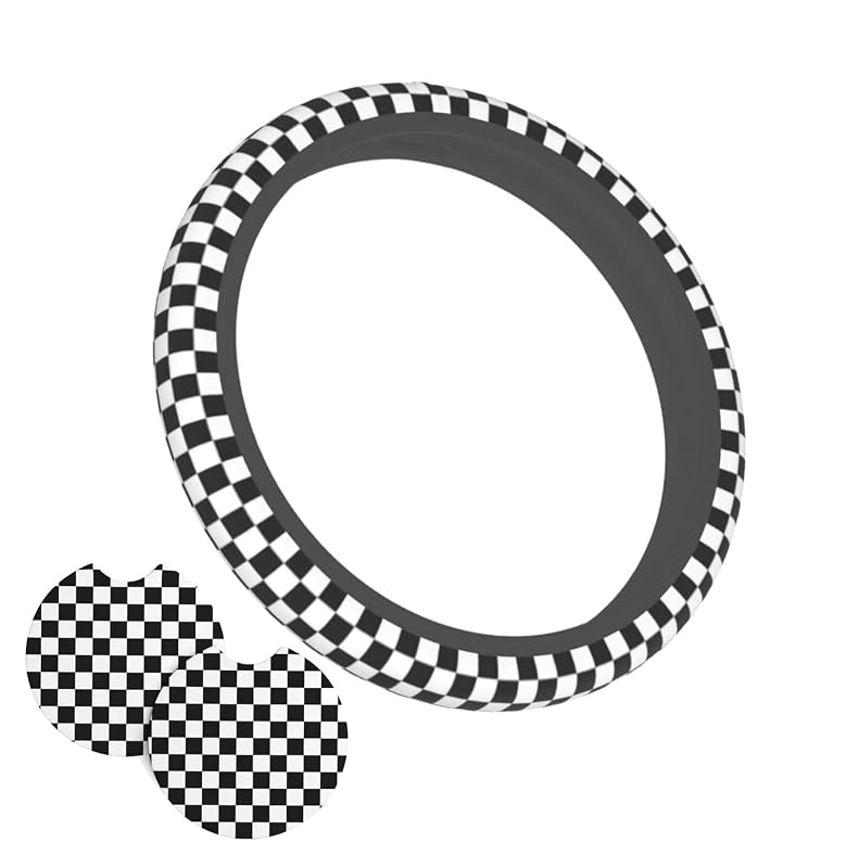 Capa para Volante Bandeira de Corrida Xadrez Preto e Branco para Volantes de 35,6 a 38,1 cm Generic Kit com 3 peças