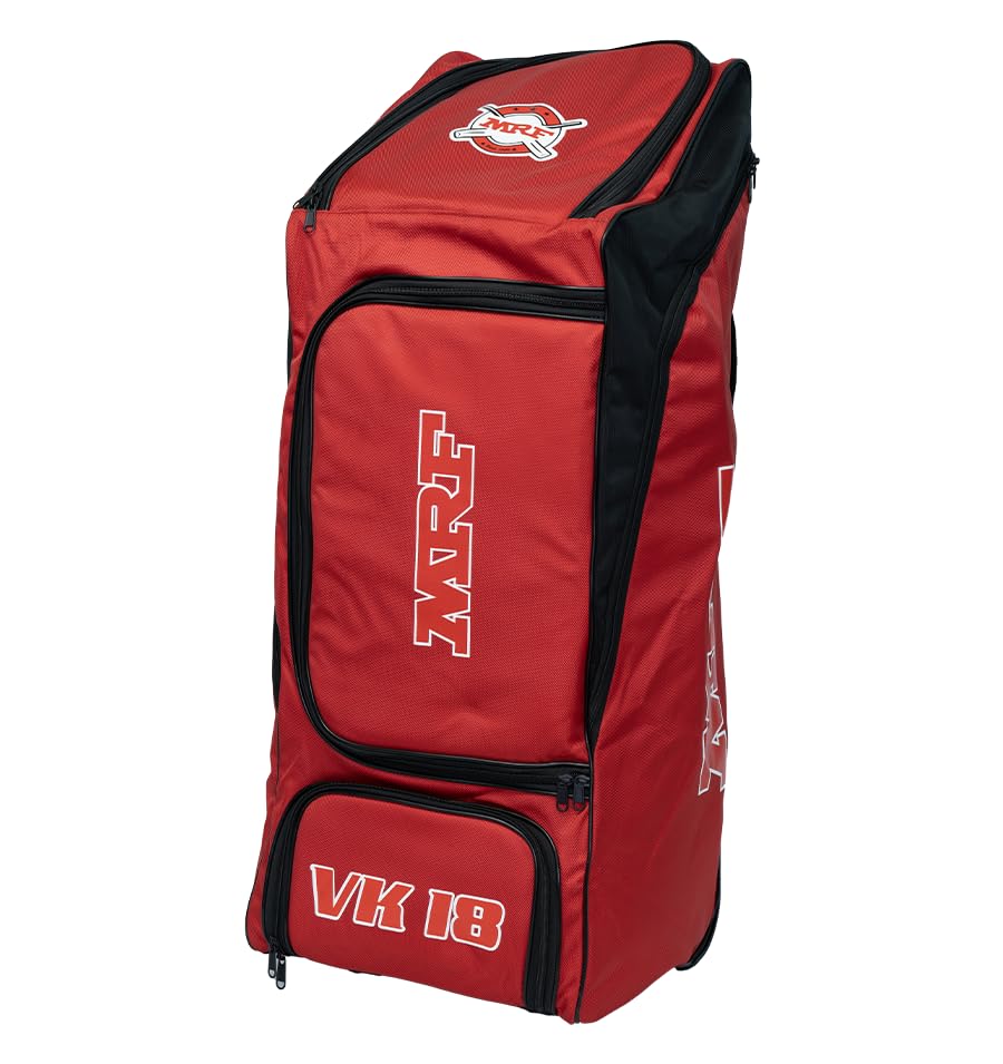 aashray mrf vk-18 shoulder & wheelie cricket kit bag, superior heavy duty fabric, concealed 2 bat pocket, wheels for easy drag, adjustable padded straps.