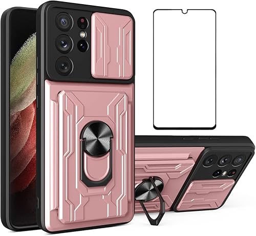 Funda para Galaxy S21 Ultra 5G, diseñada para Samsung S21U con protector de pantalla, soporte para tarjetas desmontable, ranura para anillo, soporte