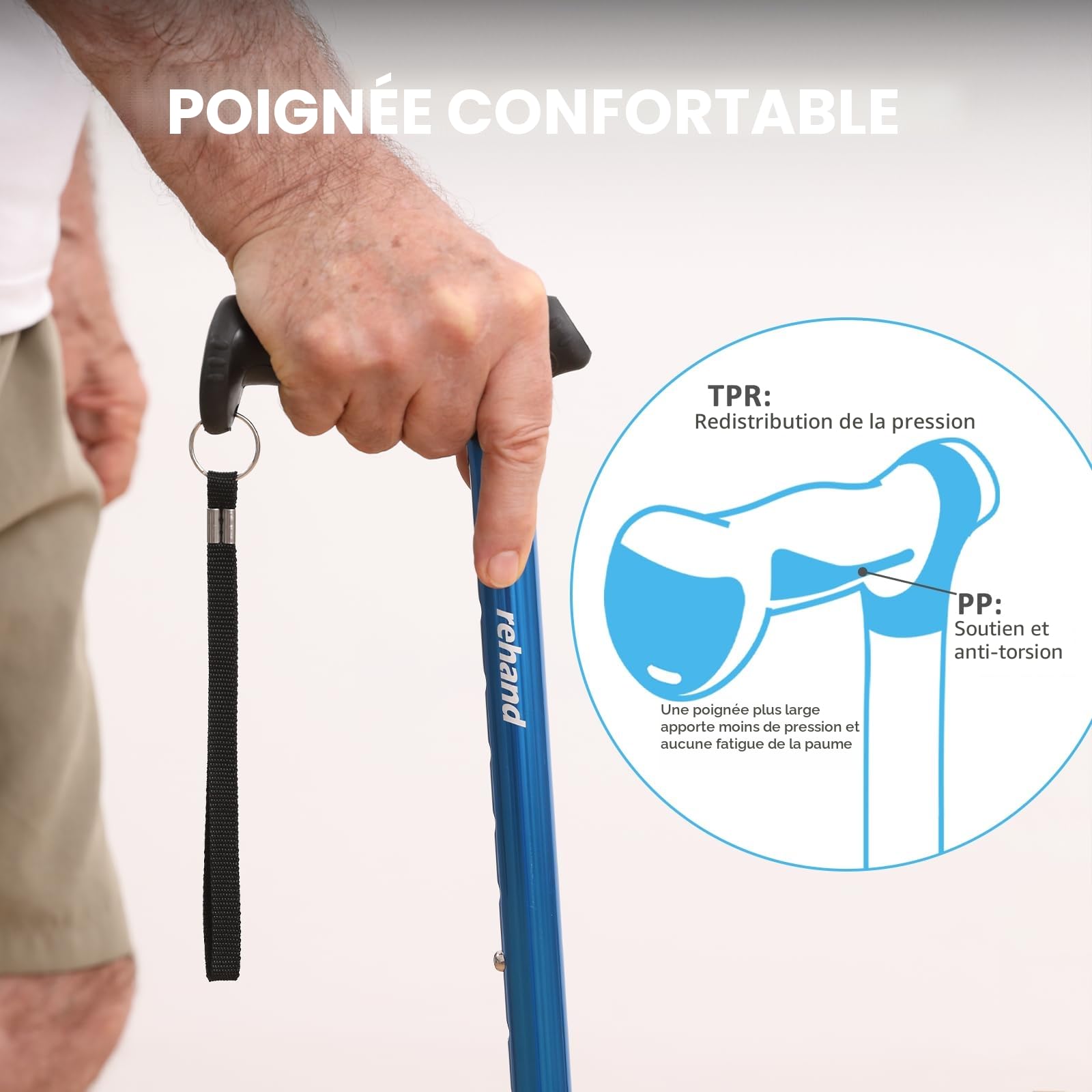 Rehand Canne de Marche pour Homme et Femme – Pliable, Réglable, Légère, Pivotante Autoportante, Poignée Douce, avec Sac de Voyage, Canne de Marche pour Personnes âgées et Adultes