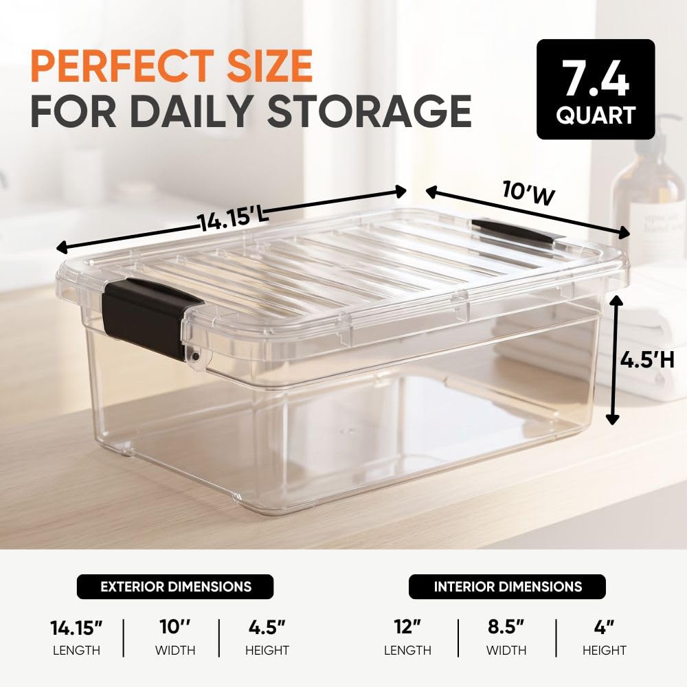 Superio 7.4 Quart Clear Plastic Storage Bin with Lid, Non-Toxic, BPA Free, Odor Free, Organizer Storage Box, Stackable Plastic Tote for Home, Garage, School, and Office