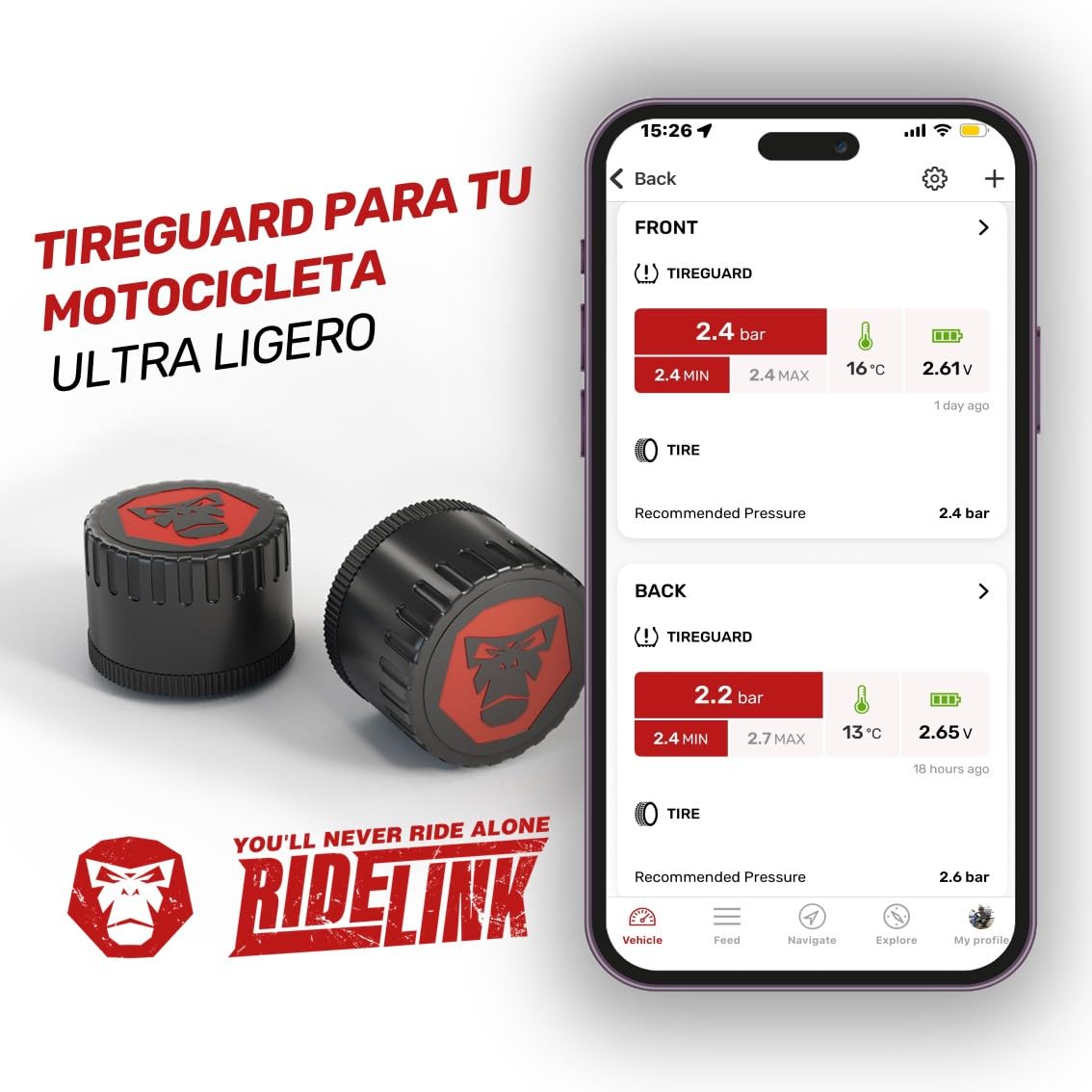 TPMS | Sensores de presión de neumáticos | Temperatura de los neumáticos | Bluetooth 5.0 | Válvula de 3,5" | 8 Gramos por Sensor | App | Navegación | Seguimiento | Planificación de rutas | Especificaciones: Bluetooth: v5.0