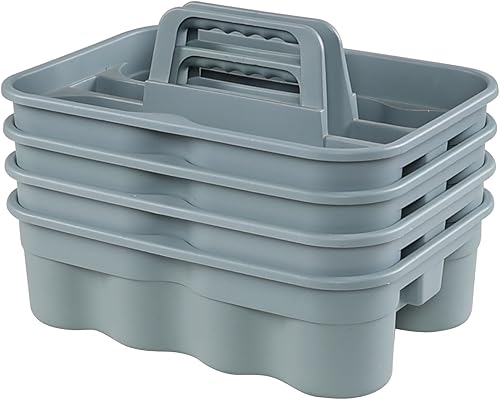 Yarebest Paquete de 4 organizadores de almacenamiento de herramientas de limpieza de plástico, 2 compartimentos con asa, gris