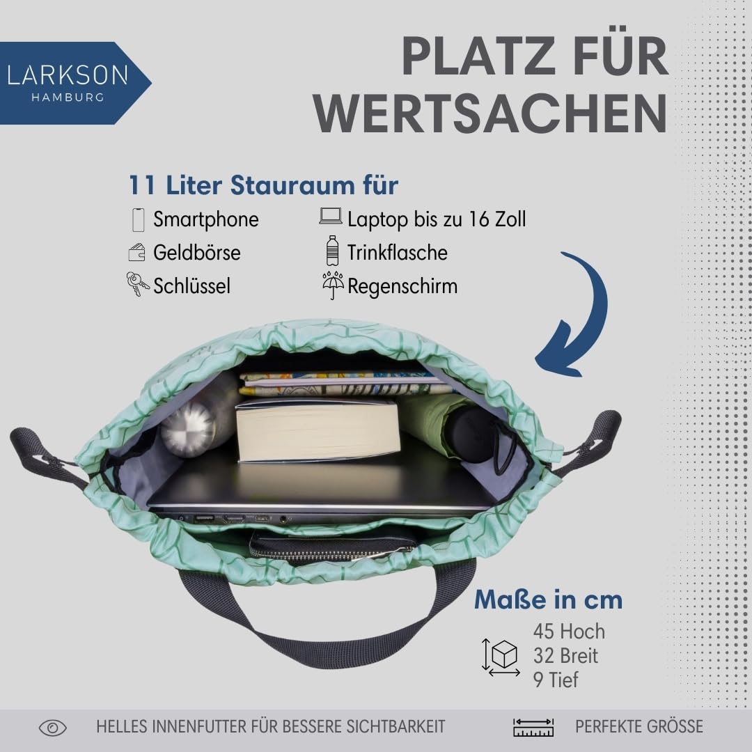 LARKSON Turnbeutel Damen & Herren Mint - No 7 - Rucksack Damen für Sport und Festival - Beutel Rucksack Klein mit Innentasche - Außentasche für Schnellzugriff