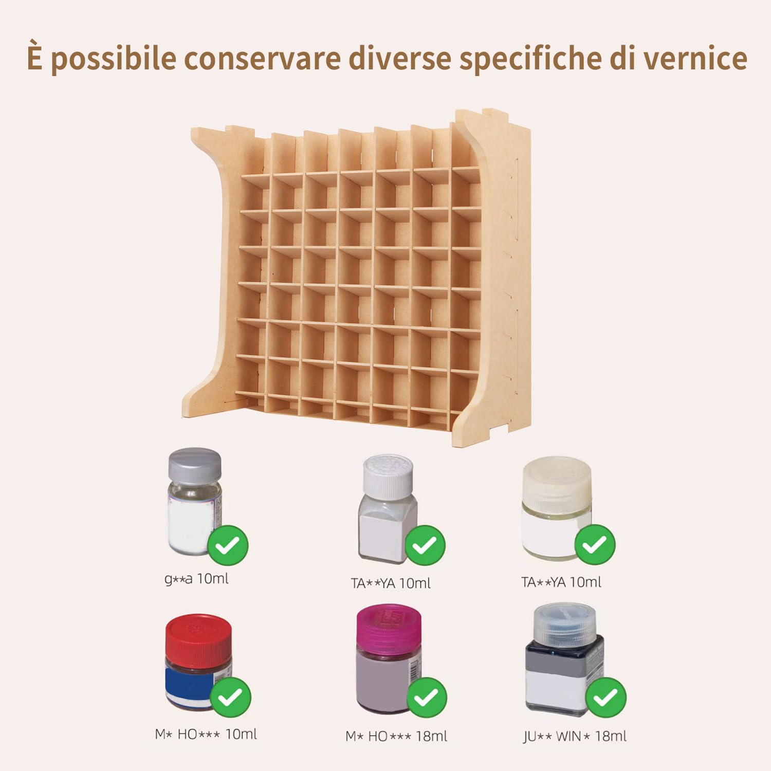 Organizzatore a cremagliera con 49 fori adatto per 10ml TAMIYA,10ml/18ml MR HOBBY, deposito di attrezzi per modelli con materiale MDF, cremagliera porta vernici per artigianato GK13