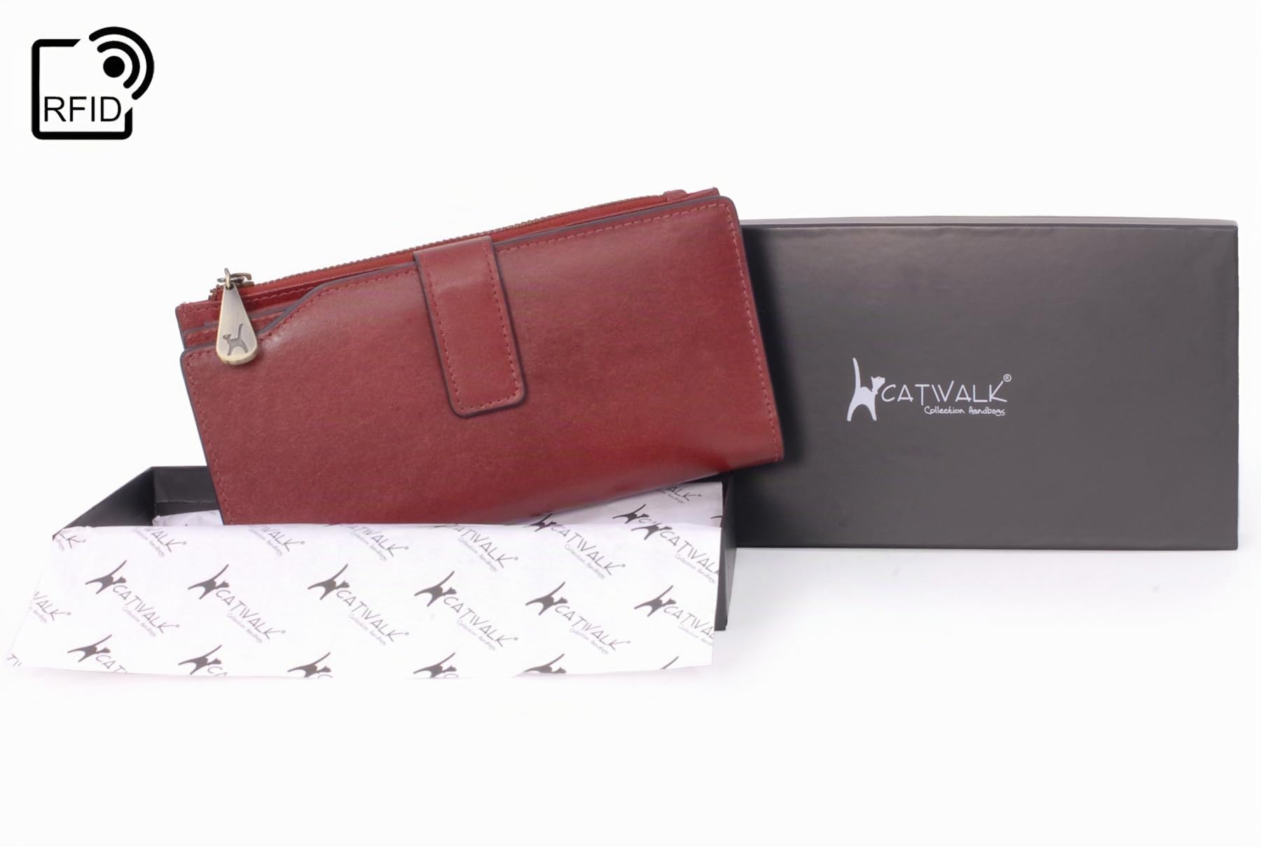 Catwalk Collection Handbags - Cartera Grande de Mujer - Monedero de Piel - Billetera para Móvil y 20 Tarjetas - RFID - Caja Regalo - Stella - Rojo