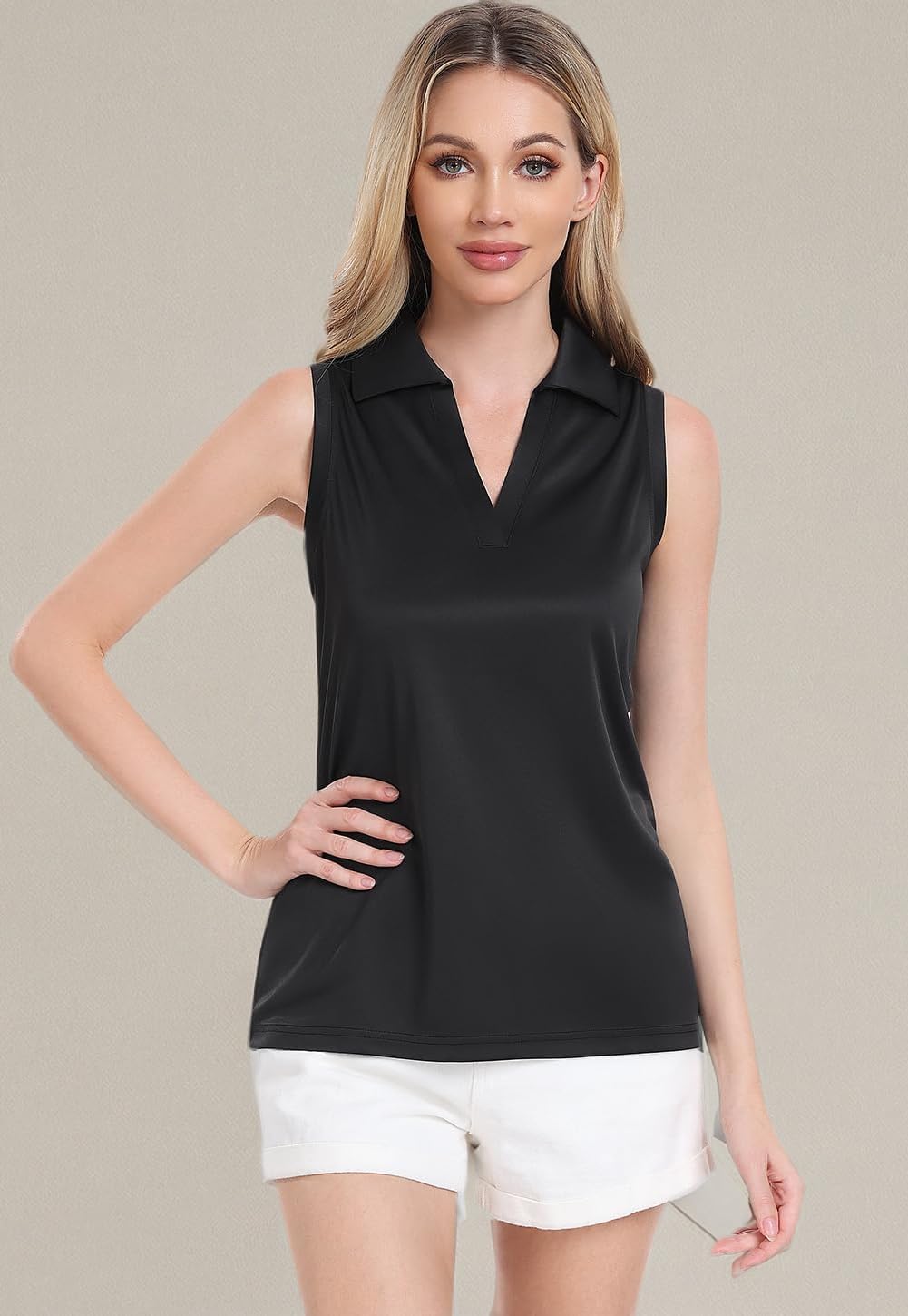Femdouce 3 Pack Sleeveless Golf Polo Shirt for Women Quick Dry Golf Shirt Sleeveless V Neck Polo Shirt Lightweight