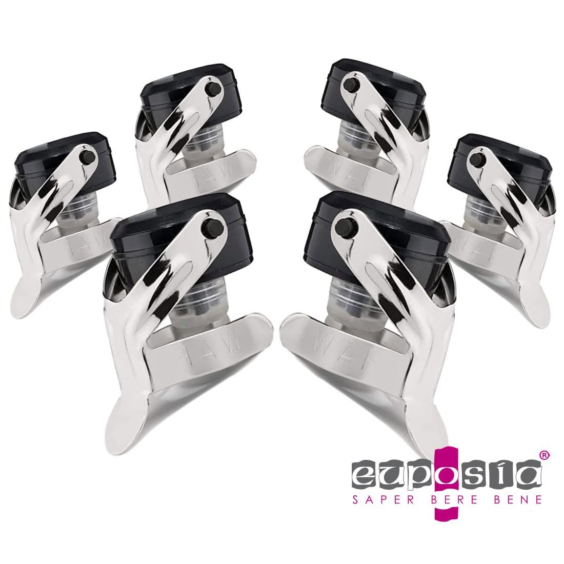 EUPOSIA - Made in Italy - SUPERTAPPO - Set di Stopper Universale Vino & Champagne - BLOCKWAF System fino a 6 Atm. - In Acciaio Cromato e Silicone - Mod. 1920 con Aletta INOX (Nero-6 pz)