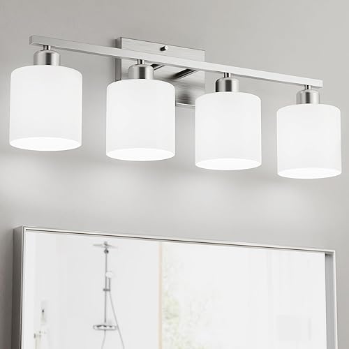Luces de baño sobre espejo de níquel cepillado, 4 luces antioxidantes, apliques de pared modernos de 24 pulgadas, base E26, pantallas de vidrio