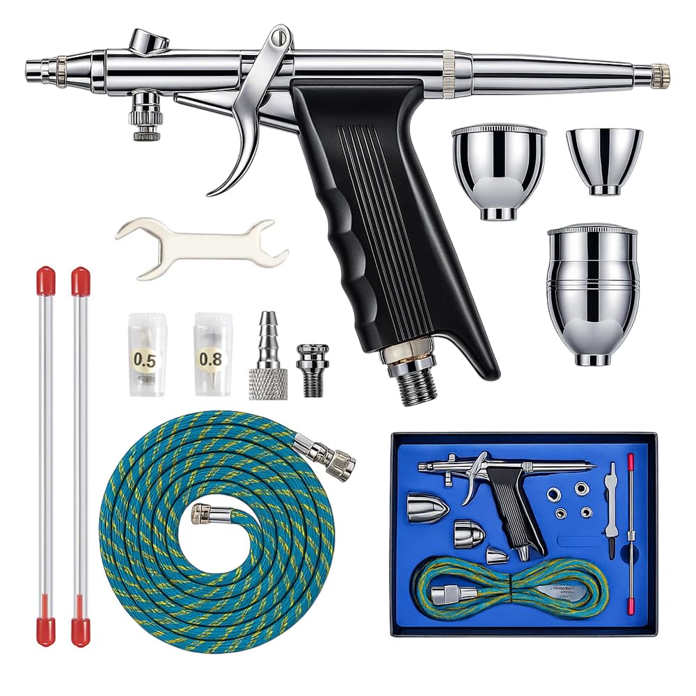 Kit aerografo con aghi 0,3/0,5/0,8 mm e 3 bicchieri di vernice, set aerografo a doppia azione per unghie, torte, tatuaggi, trucco, kit professionale per pittura e progetti artistici (1 set)