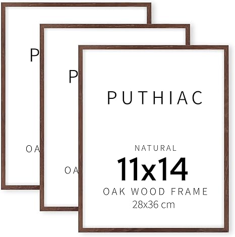 puthiac 11x14 Walnut Oak Wood Picture Frame - Minimalist 11x14 Frame Wood for Wall Art Decor, 11"x14" Natural Solid Wood Poster Frames for Wall Art Photo and Prints (3 Pack, Walnut)