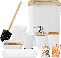 Vista 1 de Juego de 9 accesorios de baño, color blanco, hueco, cubo de basura, soporte y recipiente de cepillos de dientes, dispensador de jabón, bandeja