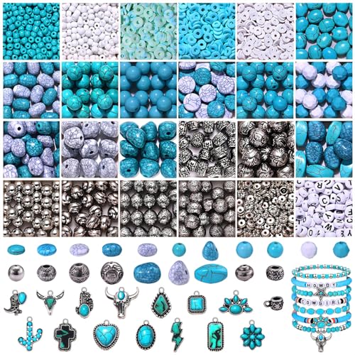 NVENF 1800PCS+ Western Beads Charms for Jewelry Making Turquoise Clay Heishi Beads Vintage Cactus Flower Lightning Boot Cow-head Charms for Western Bracelet Making DIY Crafts (Turquoise 1)
