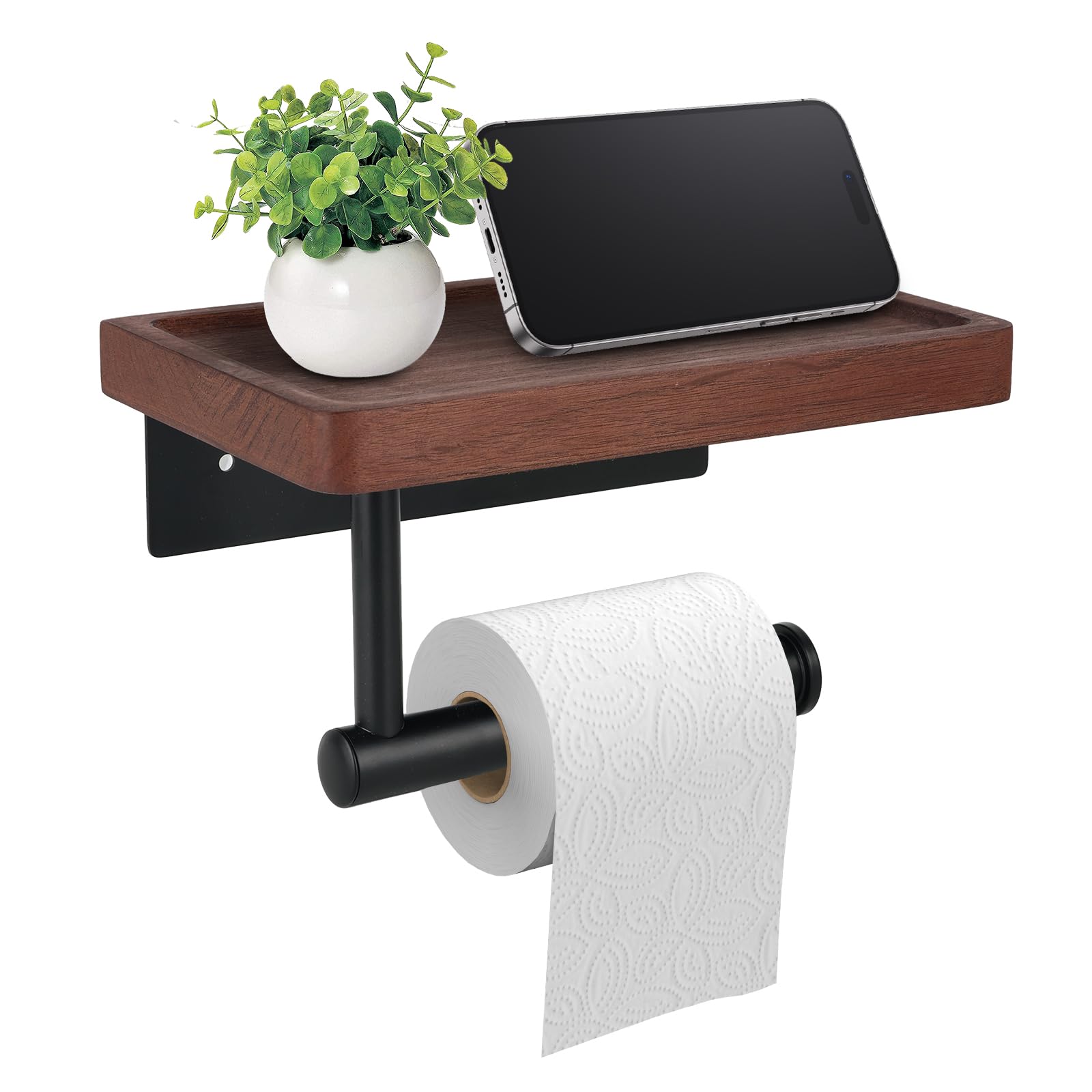 Toilet Paper Holder with Walnut Wood Shelf, Adhesive and Wall Mounted