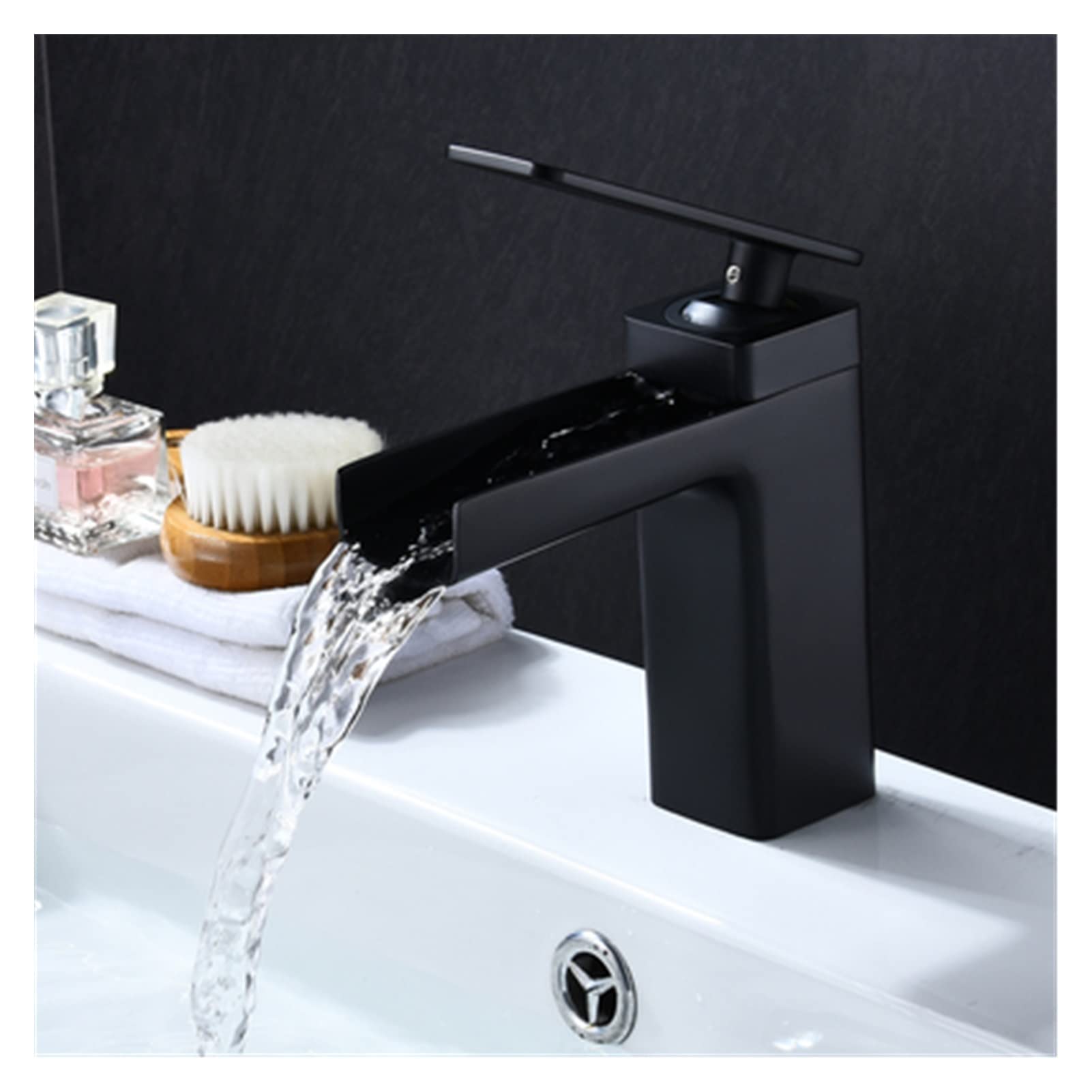 Cudtapi Black Short Bathroom Faucet Black Gold Basin Faucet Bathroom Mixer Tap White Hot Cold Waterfall(Black Short)