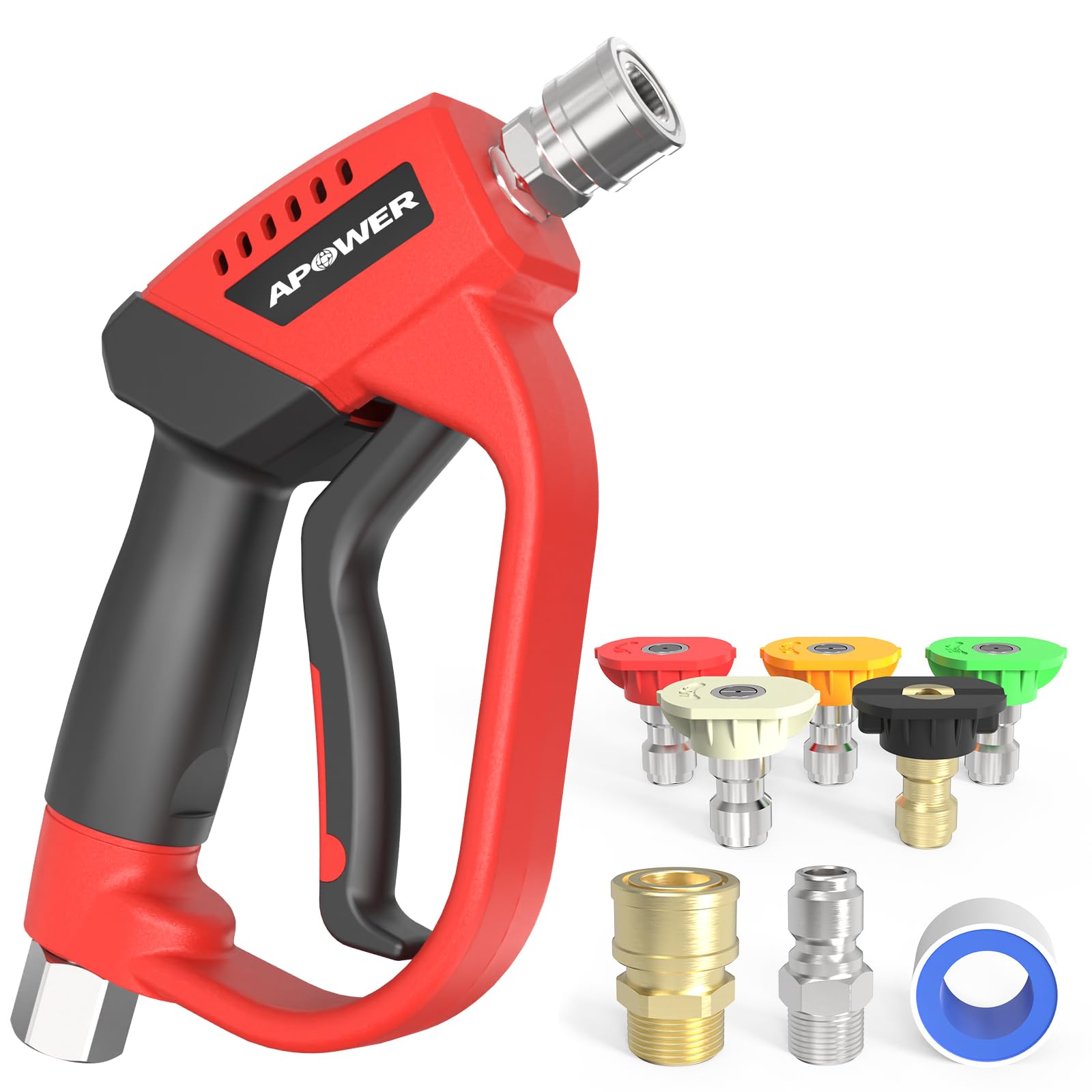 APOWER Pressure Washer Gun with 360 Swivel, Max 5000 PSI Power Washer Short Gun with 3/8" Male Plug and 1/4" Quick Connector Coupler, Car Wash Accessories, 5 Nozzle Tips Included-image-44
