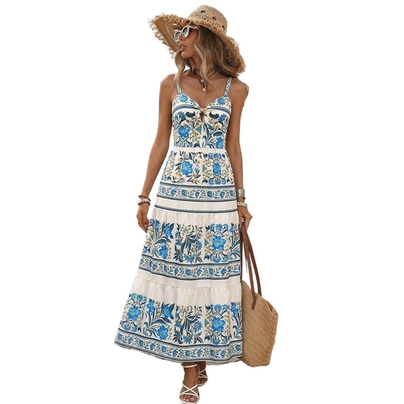 Vestido de Playa Verano Estilo Bohemio Halter Estampado étnico Largo Mujer Adecuado for Vacaciones
