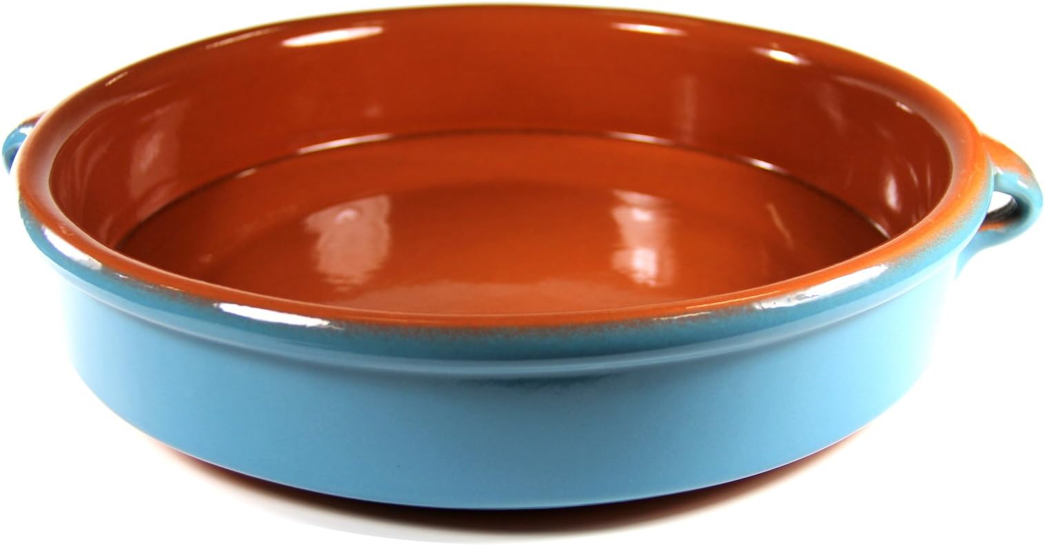 La Tienda Terra Cotta Cazuelas, Traditional Earthenware Tapas Dishes For Cooking And Serving Classic Spanish Casseroles, Stovetop And Oven Safe, Food Safe, Round, 12.8 Inch, Mediterranean Blue