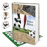DIN A5 Hardcover, fadengeheftet (!), gebunden, fester Einband, gebunden mit 136 Seiten bzw. 68 Seiten zum Eintragen und Ausfüllen. Für JEDEN Stift geeignet. Mit dabei sind 24 runde Aufkleber bzw. Sticker mit 4 cm Durchmesser: Pokal, Tor, Fußballer, Rote Karte, Sieg, Fußball.