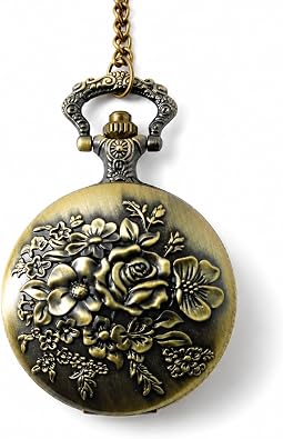 Kartique Pocket Watch with Flower Embossing on Cover in Wooden Box, Brown, strap