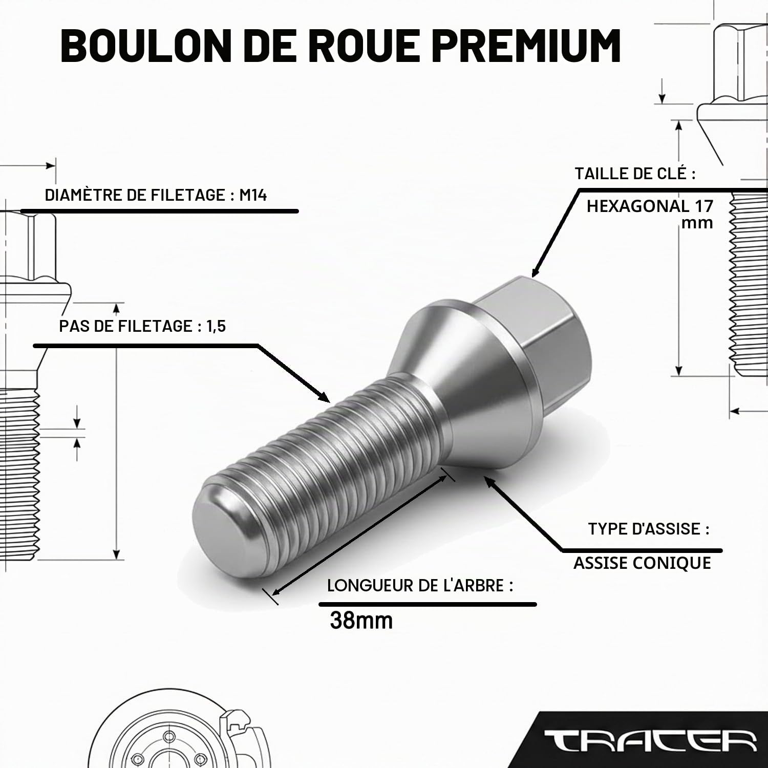 20 vis de roue boulon conique argent M14 x 1,5 38 mm