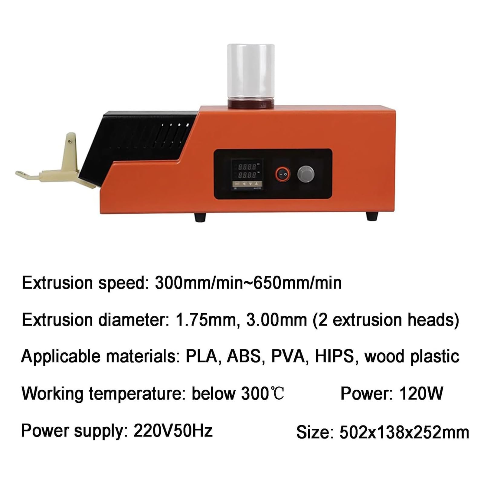 Extrusora de filamentos de escritorio, fabricante de filamentos de impresión 3D con 2 moldes de 1,75/3 mm, velocidad ajustable de 300-650 mm/min, para PLA ABS PVA