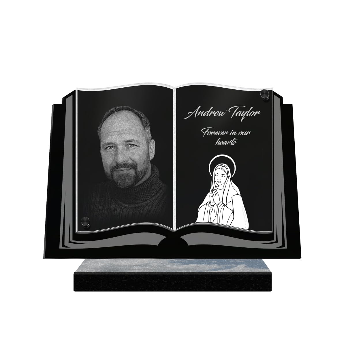ETERNEL - Personalized Funeral Plaque Book Virgin Mary Customizable Photo and Text, laser-engraved funeral plaque for tribute, memorial plaque, tombstone, ceremony, burial