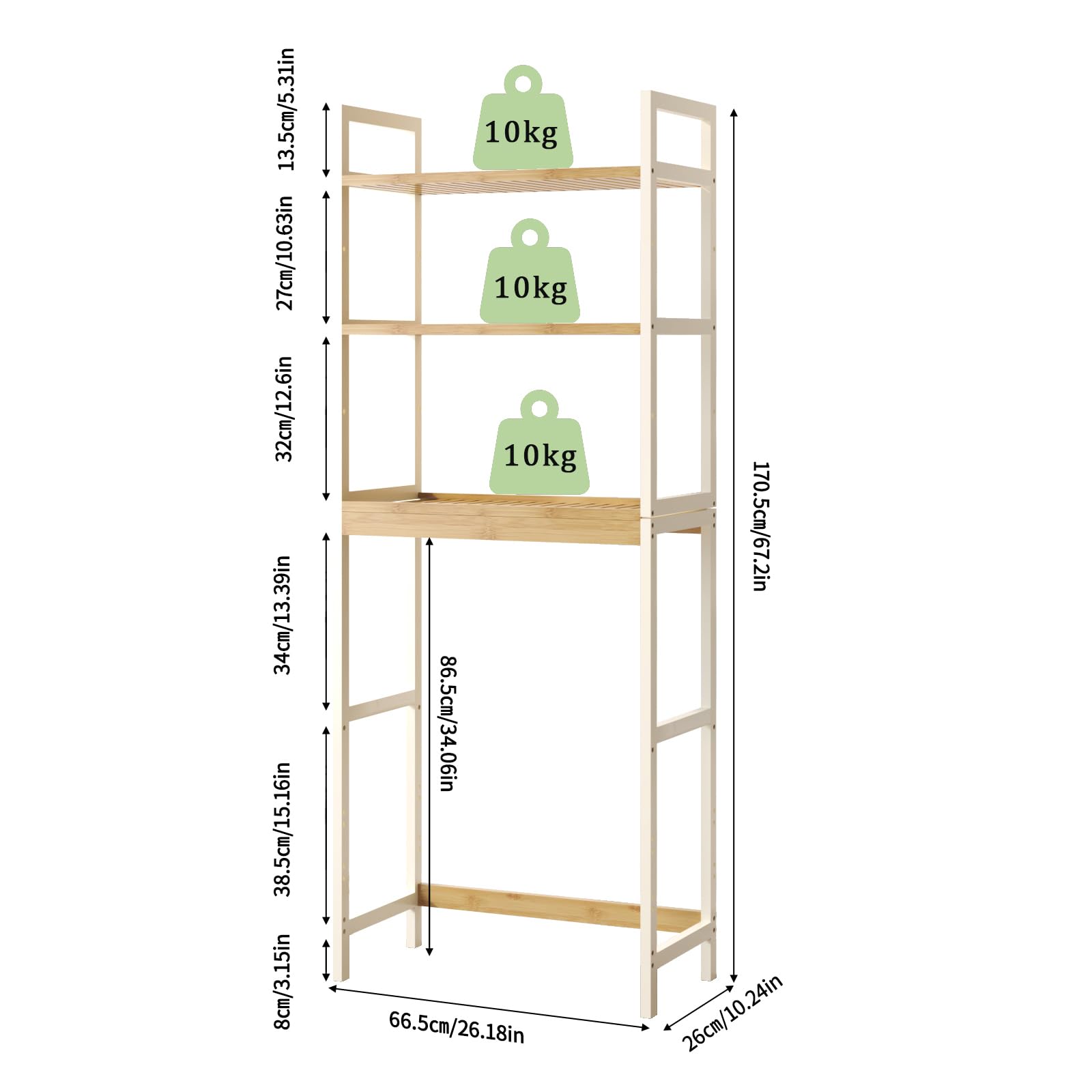 Scaffale per WC, in bambù, per lavatrici, con 3 ripiani, salvaspazio, grande capacità per lavanderia, bagno, WC