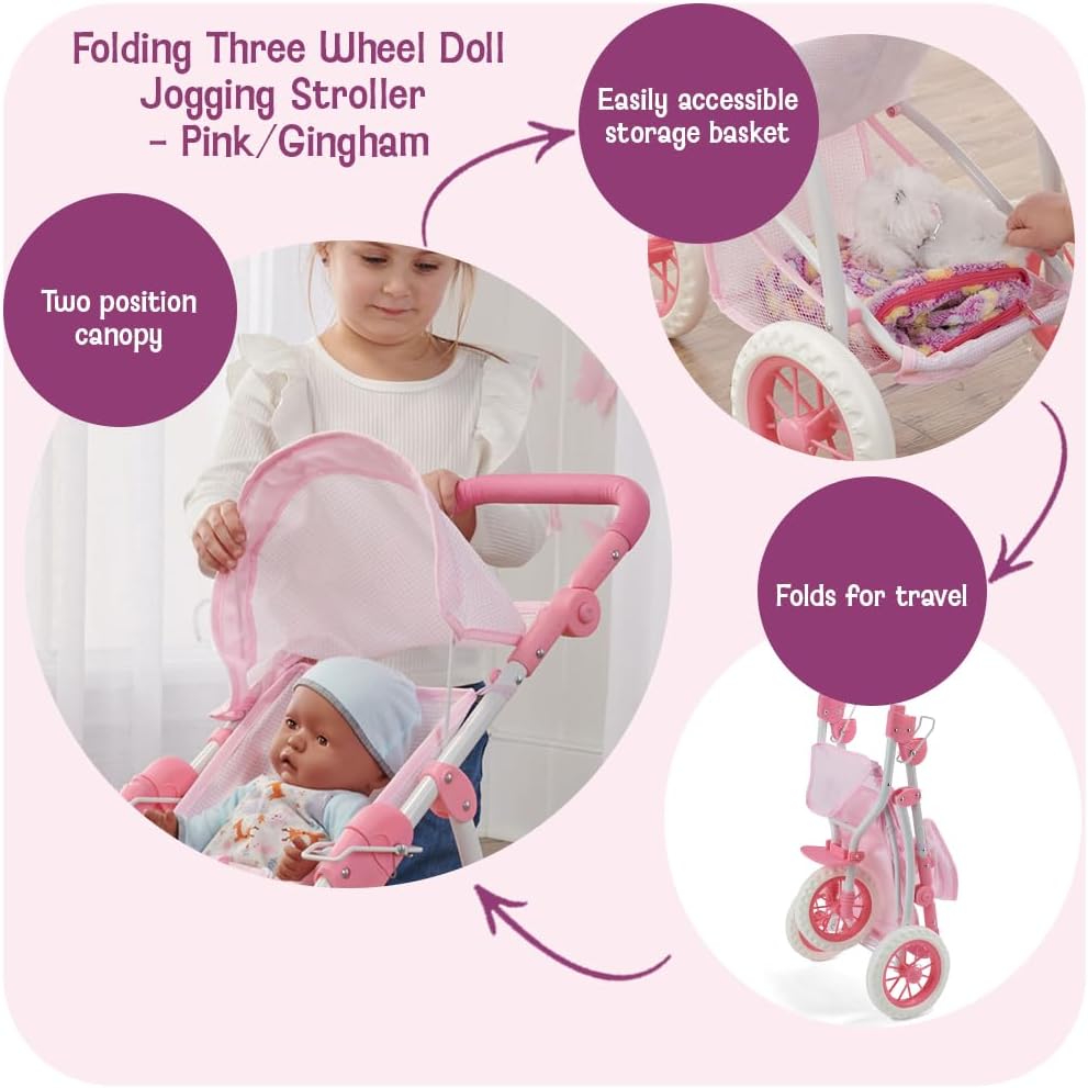 Badger Basket Foldable Jogging Style Doll Stroller - Adjustable Handle, Canopy, Straps & Basket - Fits 18-22" Dolls, Lightweight Toy for Girls Ages 3+ - Pink Gingham Design