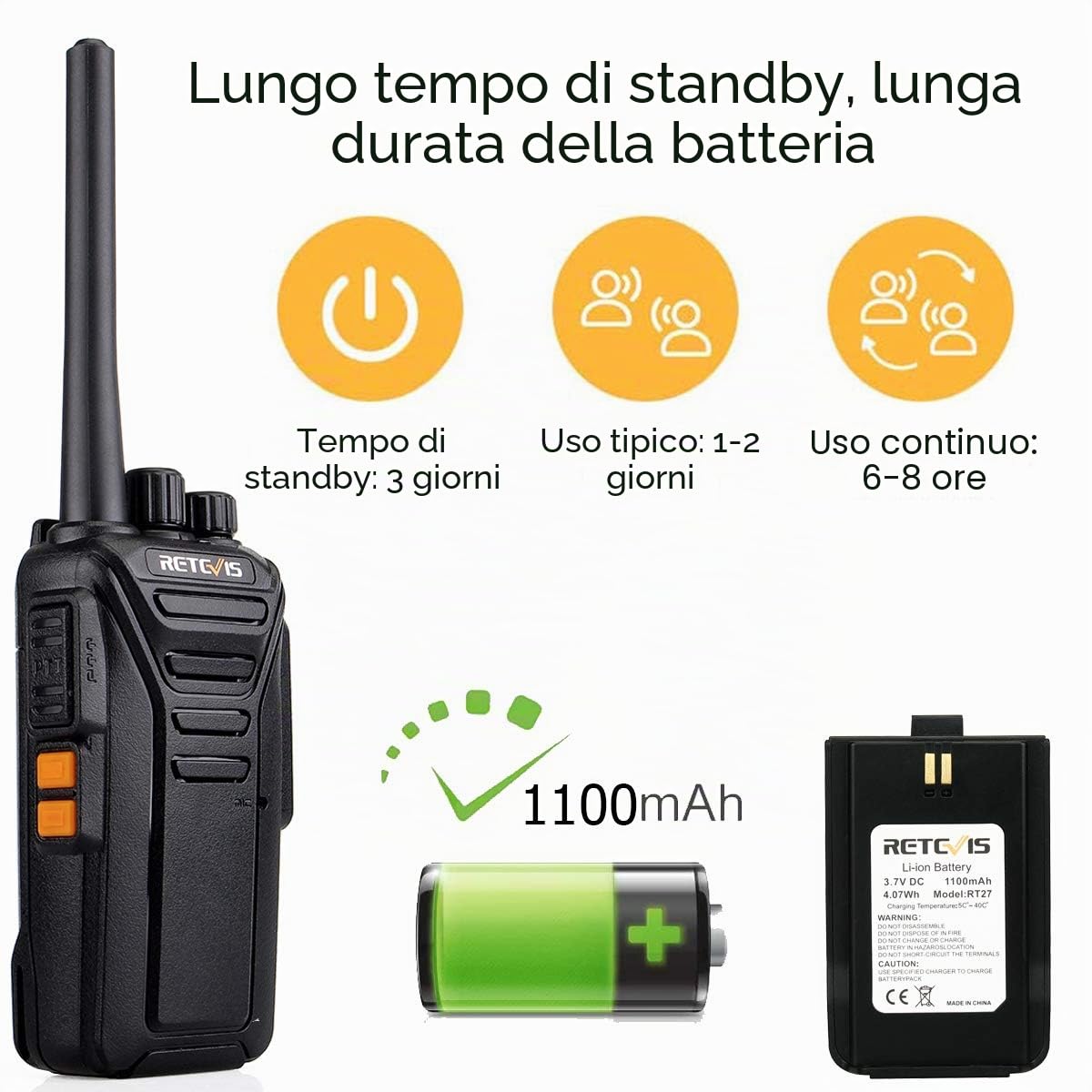 Retevis RT27 Walkie Talkie, Ricetrasmittenti Professionali, PMR446 Licenza-Libero 16 Canali VOX CTCSS/DCS Allarme, Walkie Talkie Ricaricabili con USB Caricatore (5 Pezzi, Nero)