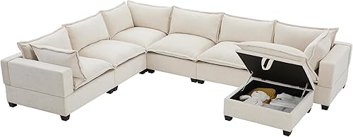 Miniatura 4 de Merax Modern U-Shaped Modular Couch Set with Storage Ottoman, Chenille 7-Seat Sectional Sofa Sleeper Bed with Wide Seat for Living Room, Free