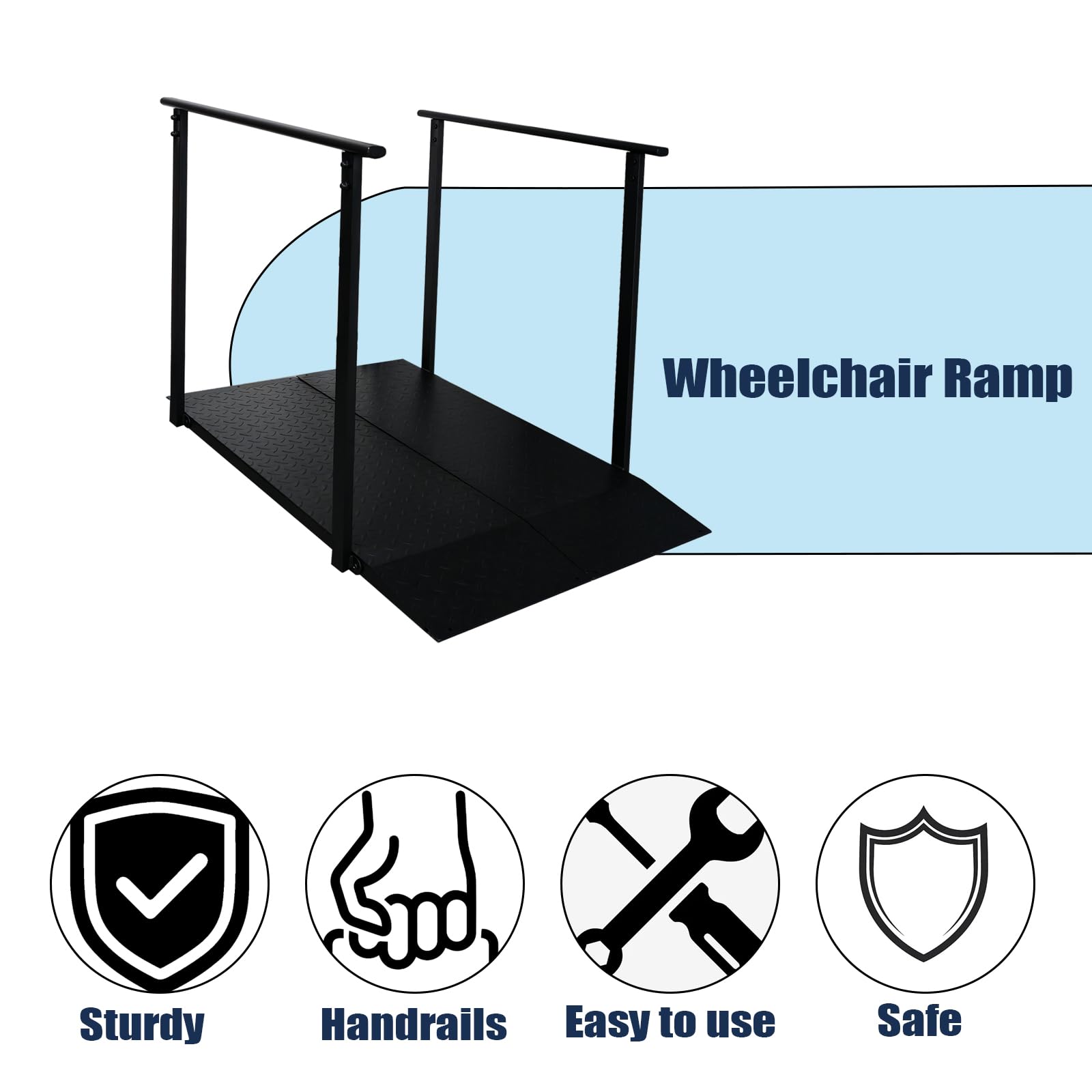Rampa per Sedia a Rotelle con Corrimano 150 cm – Pedana Antiscivolo per Disabili e Anziani, Portata 450 kg, Ideale per Gradini, Soglie e Marciapiedi, Heavy Duty – Nero (150CM)
