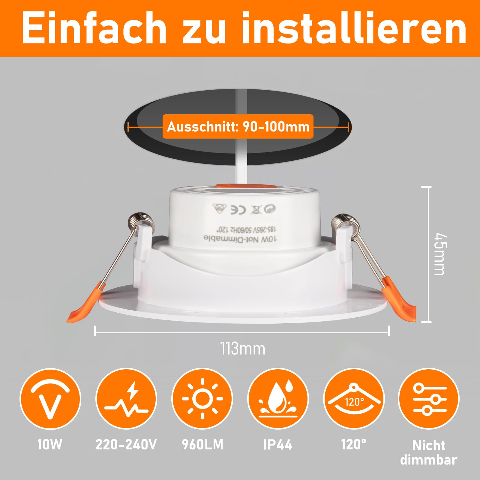 LED Einbaustrahler 230V 10W, 30°-60° Schwenkbar Flache LED Deckenspots, 4000K Neutralweiß, 960LM, IP44, Nicht Dimmbar, Einbauleuchten Weiß 90-100mm Spots Deckenleuchte, 12er Set
