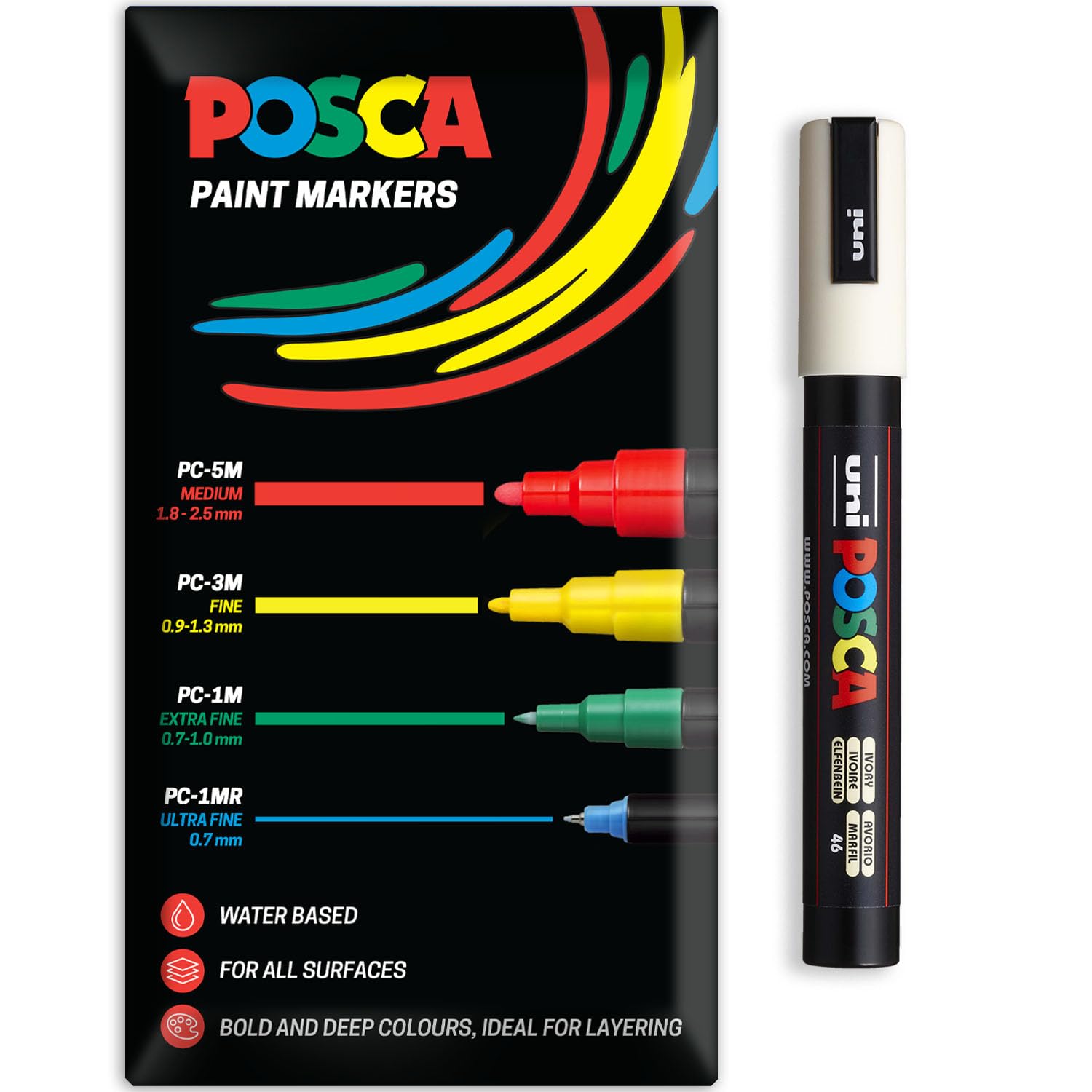 Posca Water Based Acrylic Paint Marker Pens | Multi Surface Use Permanent Paint Pen | Pack of 1 in Envelope Gift Packaging | Glass, Fabric, Canvas, Wood etc | PC-5M, Ivory