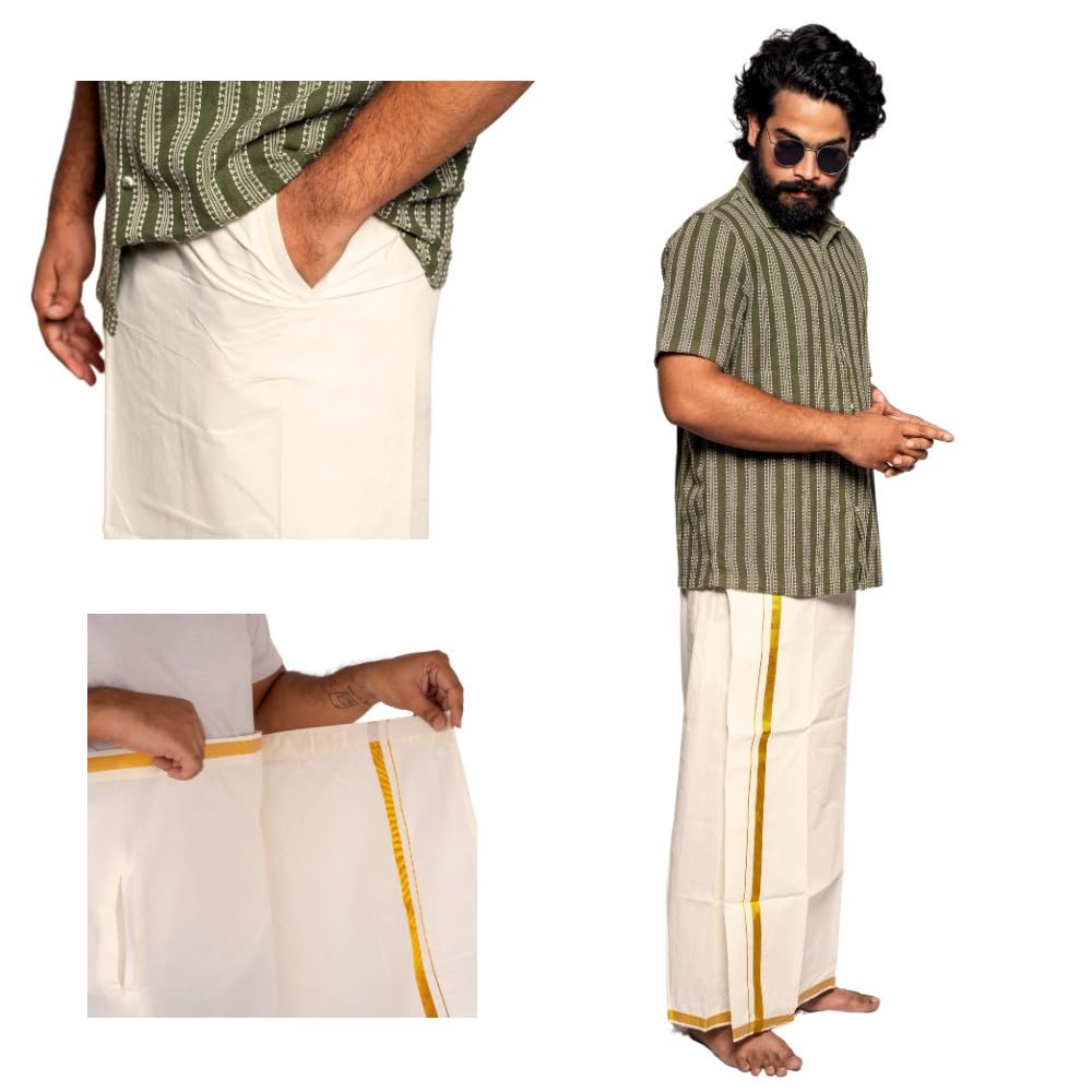 vp fashion Men's Dhoti with Hook and loop fastener Gold Zari Border & Side pocket – Free Size, length 44 inches.-picture-13
