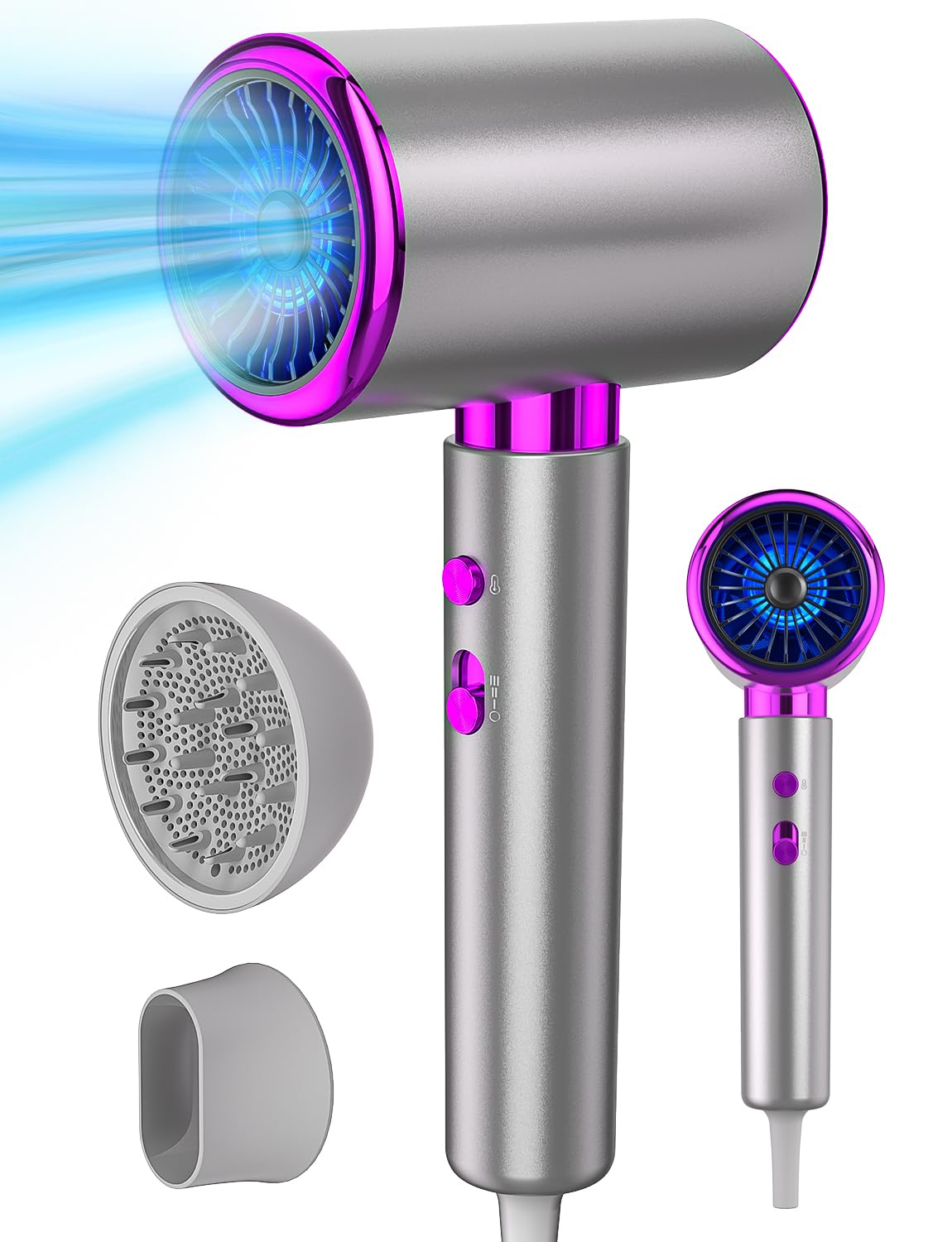 DMTIVMG 2400W Ionen-Haartrockner mit Kaltluftstufe, 3 Heizstufen & 2 Gebläsestufen, inklusive Diffusor und Stylingdüse, leiser Föhn für Zuhause