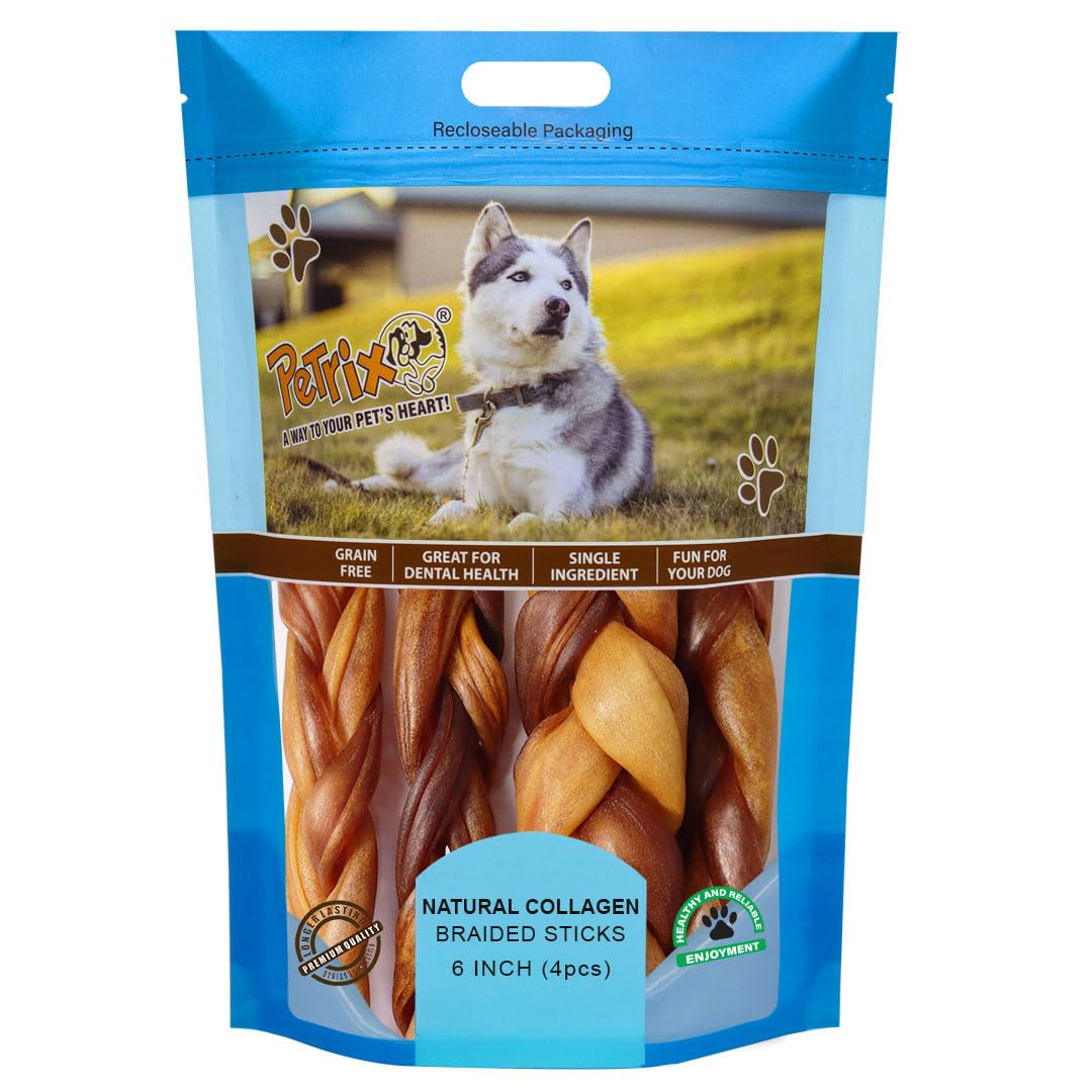 Petrix Natural Collagen Braided Sticks 6 inch Dog Chew Sticks Treats- 4 Pcs, Single Ingredient, Low Odor & Long Lasting Alternative to Rawhide Breeds Dogs Treat (B0CTKQ9R4K) Amazon Price History, Amazon Price Tracker