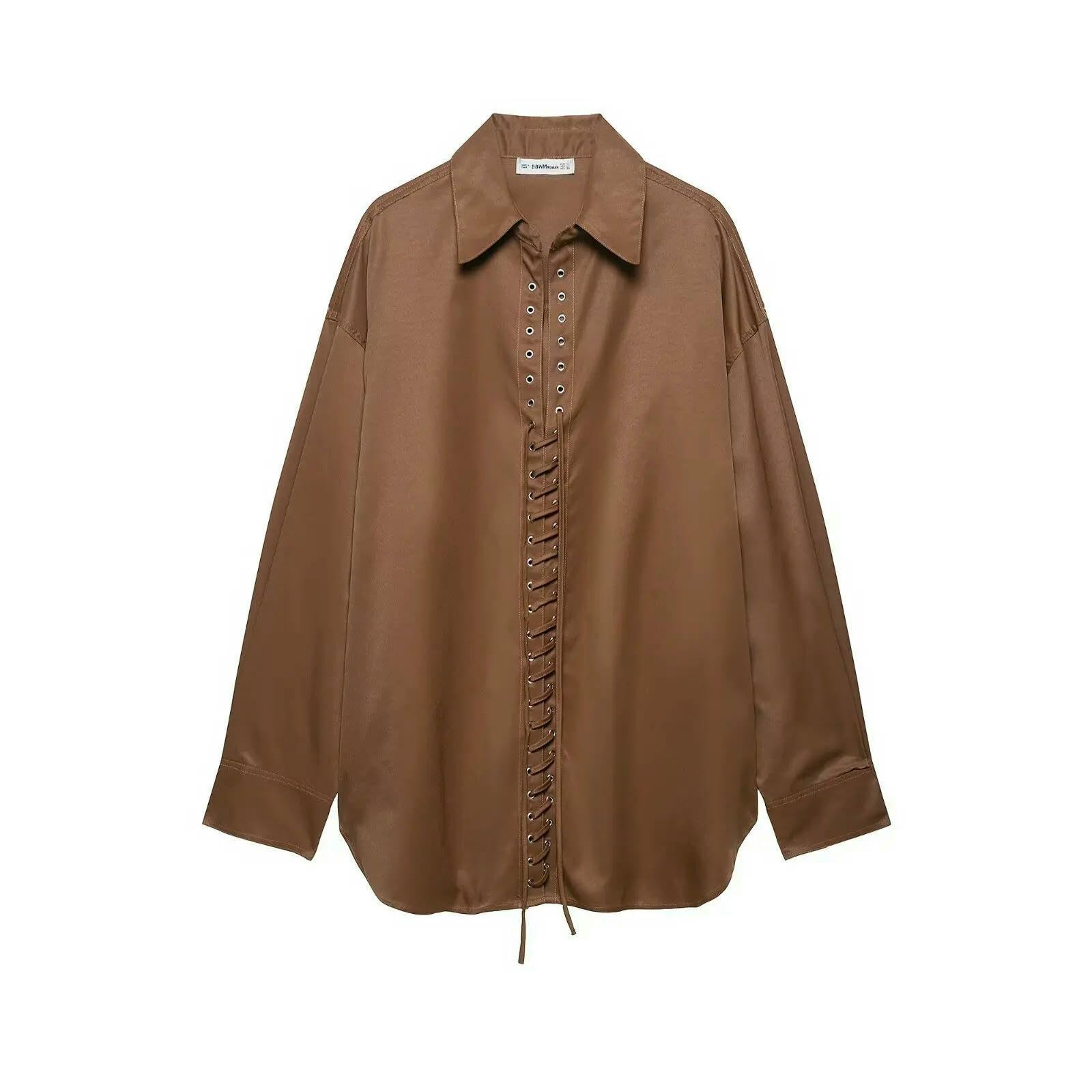 Camicia Donna con Colletto Versatile Ampio A 6 Colori Camicetta da Casual Chic Ampia Maniche Lunghe Rovesciato Lacci-Marrone-l